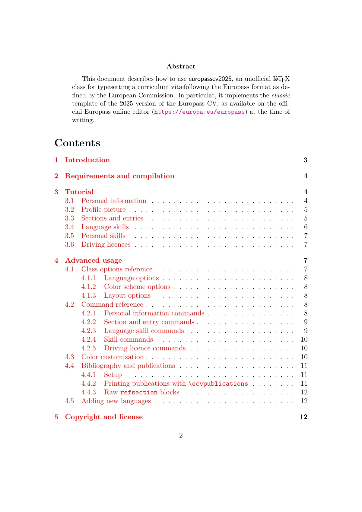 Plantilla de LaTeX Guía de la clase Europass CV 2025, página 2 de 12