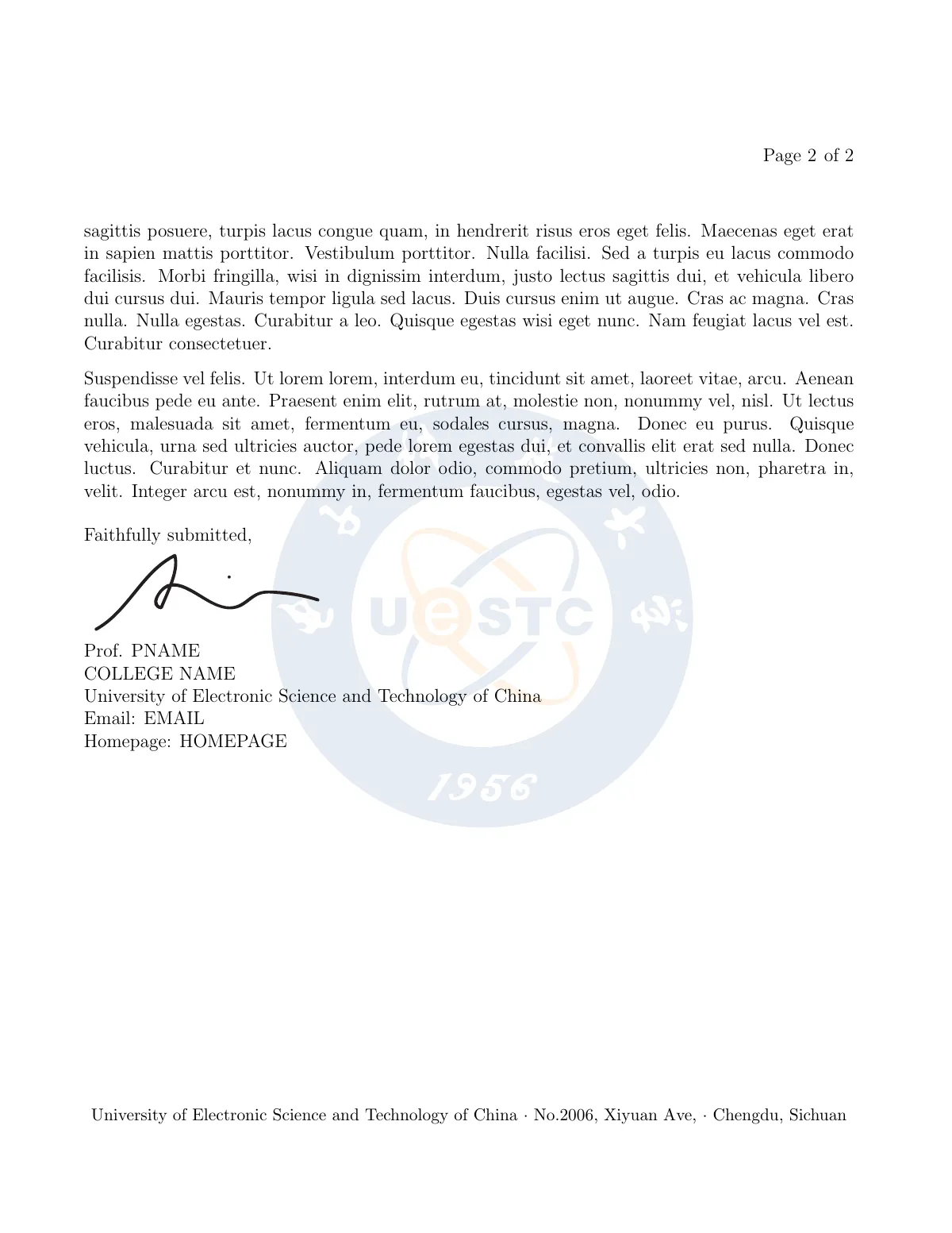 Plantilla de LaTeX Carta de recomendación de la UESTC con membrete, página 2 de 2