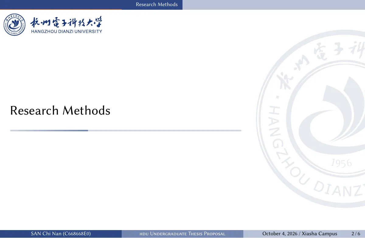LaTeX-mallen Examensarbetsförslag för Hangzhou Dianzi University i Beamer, sida 2 av 6