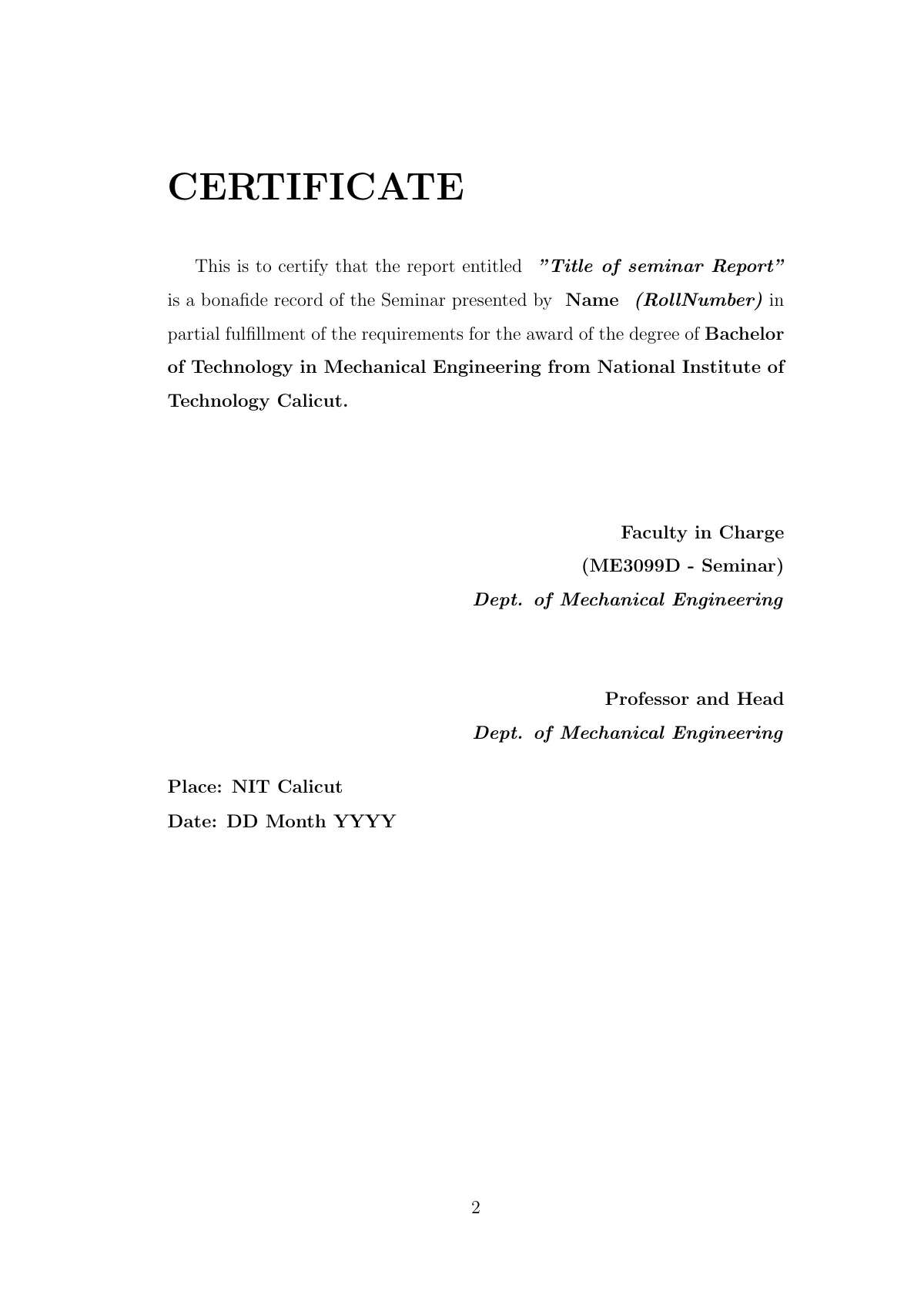 NIT Calicut seminar report, Mechanical Engineering LaTeX template, page 3 of 16