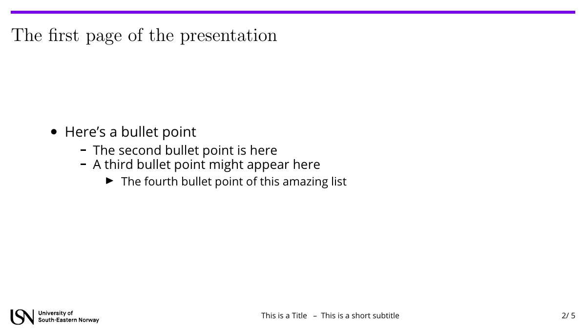 University of South-Eastern Norway Beamer presentation LaTeX template, page 2 of 5