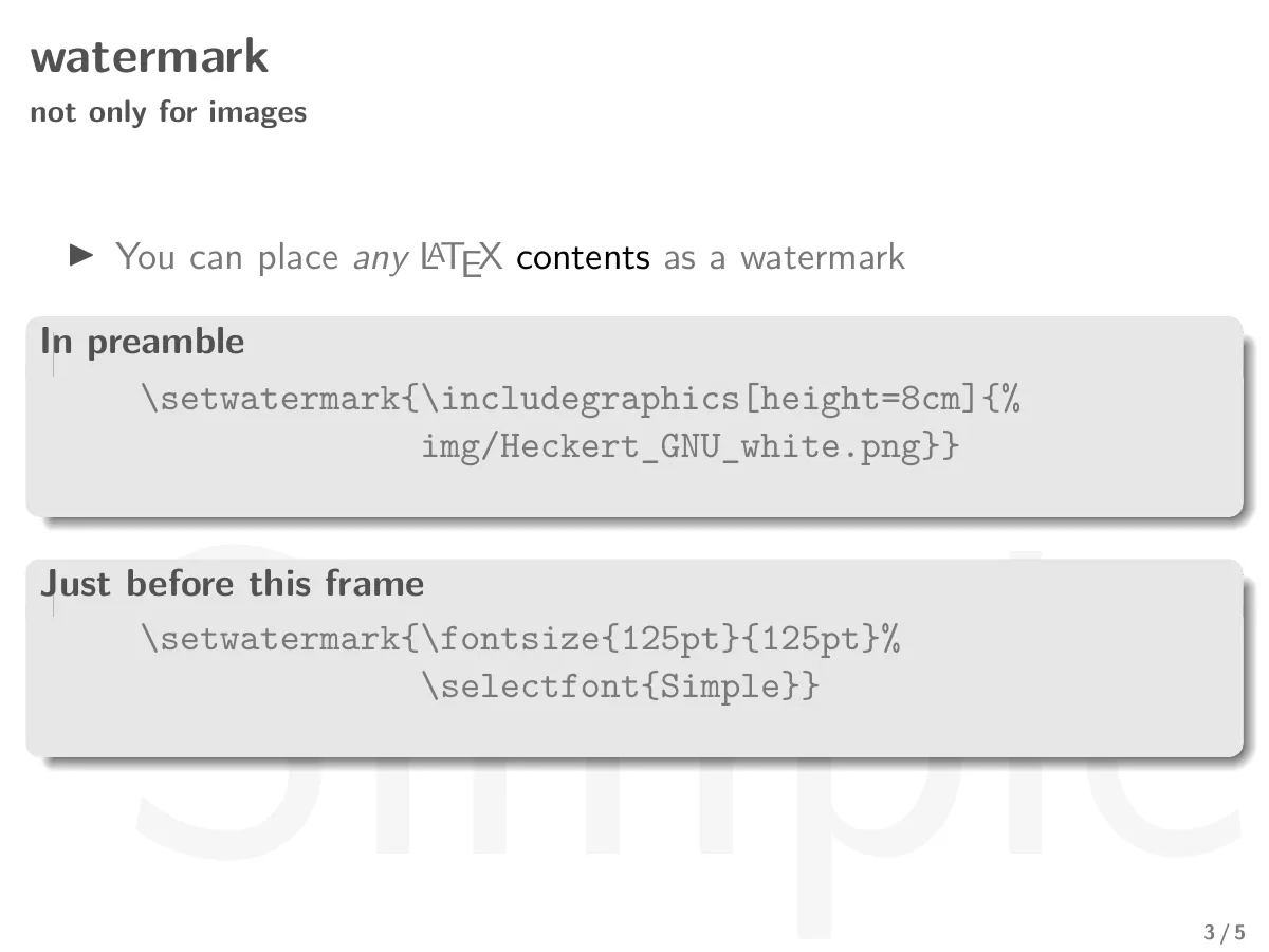Minimalist Beamer theme with background watermark LaTeX template, page 3 of 5