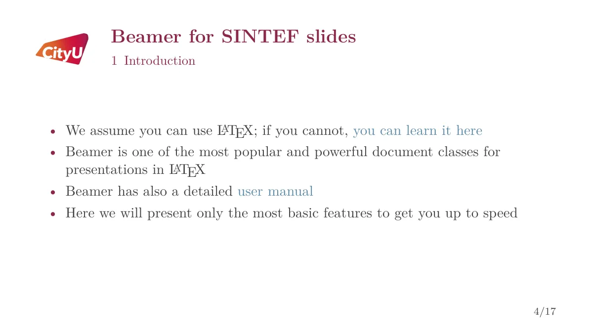 College Beamer theme with logos and title backgrounds LaTeX template, page 4 of 19