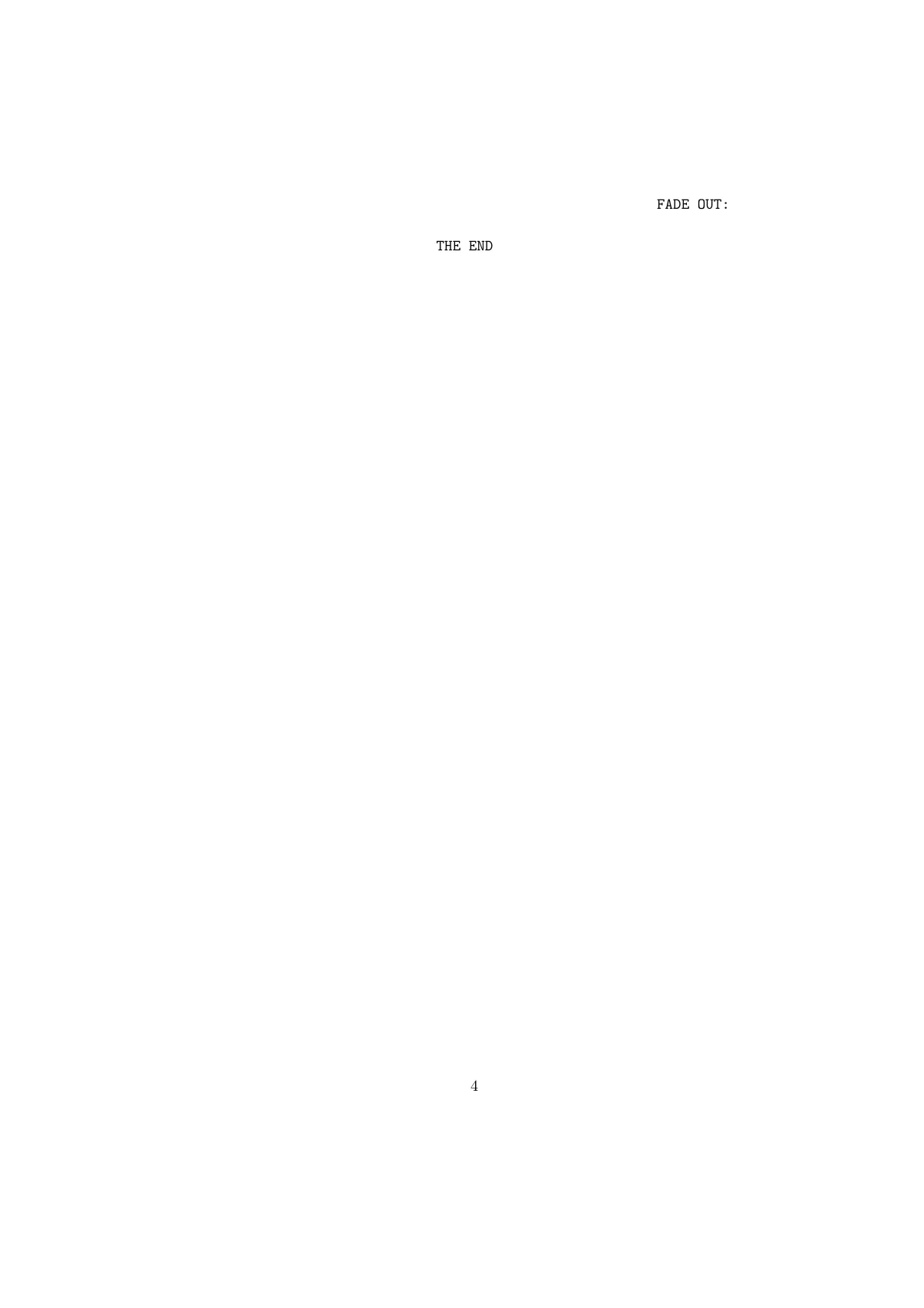 Screenplay fragments inside an article LaTeX template, page 4 of 4