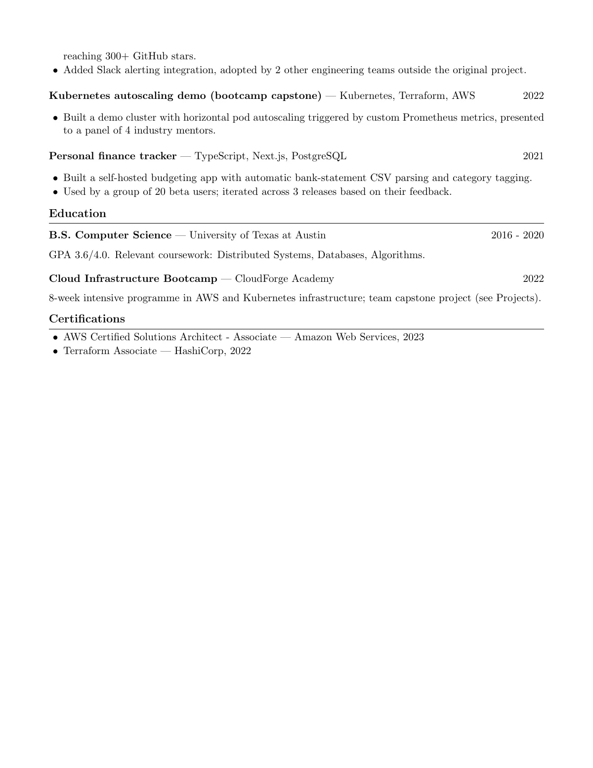 ATS-friendly master résumé for software engineers LaTeX template, page 2 of 2
