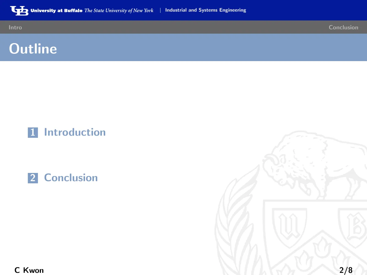 University at Buffalo Beamer slides, industrial engineering LaTeX template, page 2 of 10