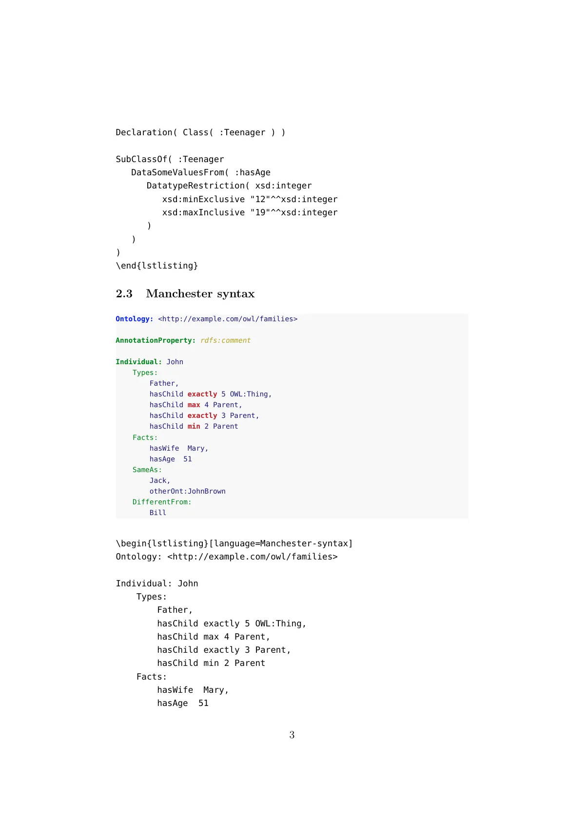 OWL ontology syntax highlighting manual LaTeX template, page 3 of 21