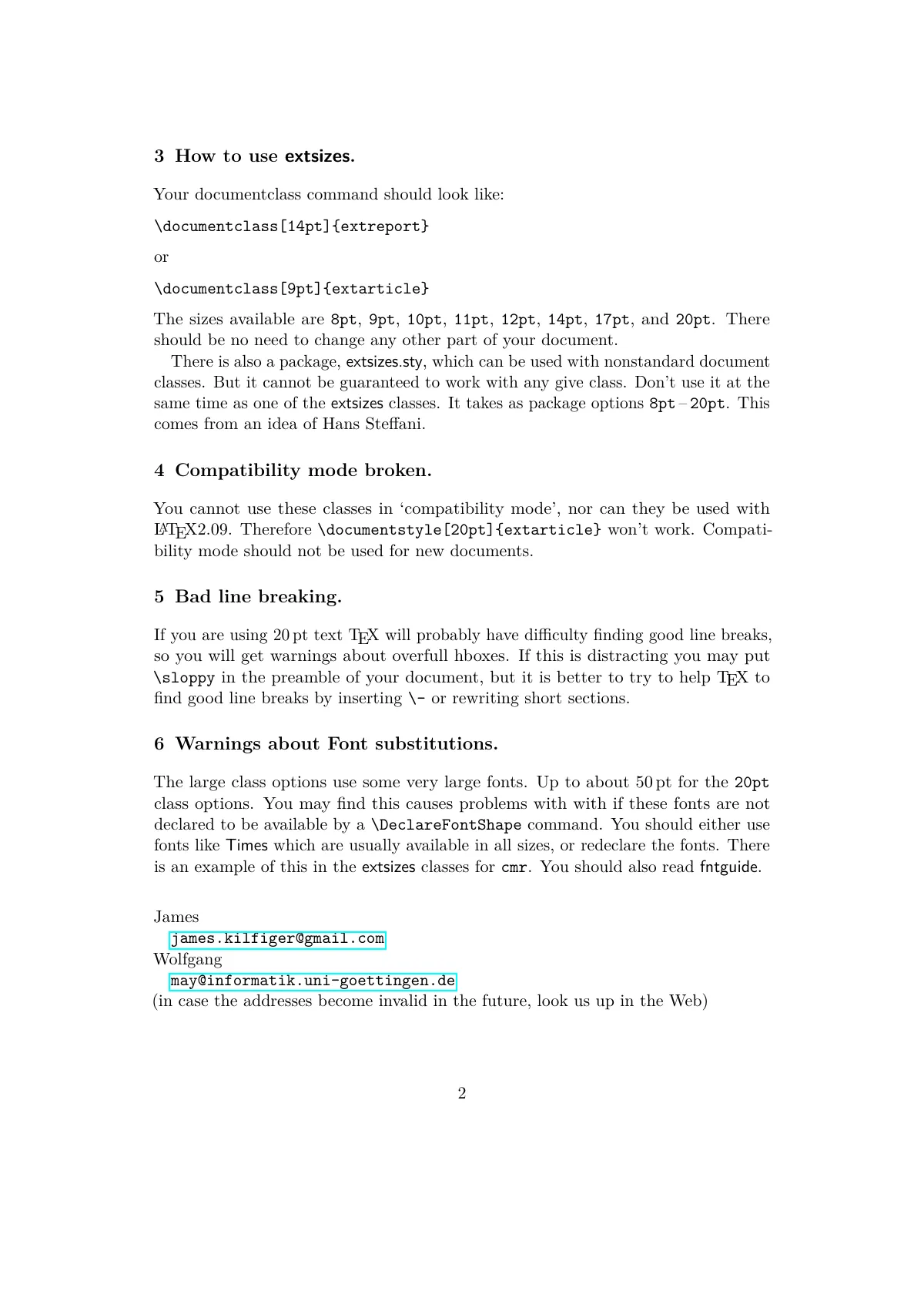 LaTeX-Vorlage extsizes: Schriftgrößen von 8 bis 20 pt, Seite 2 von 2