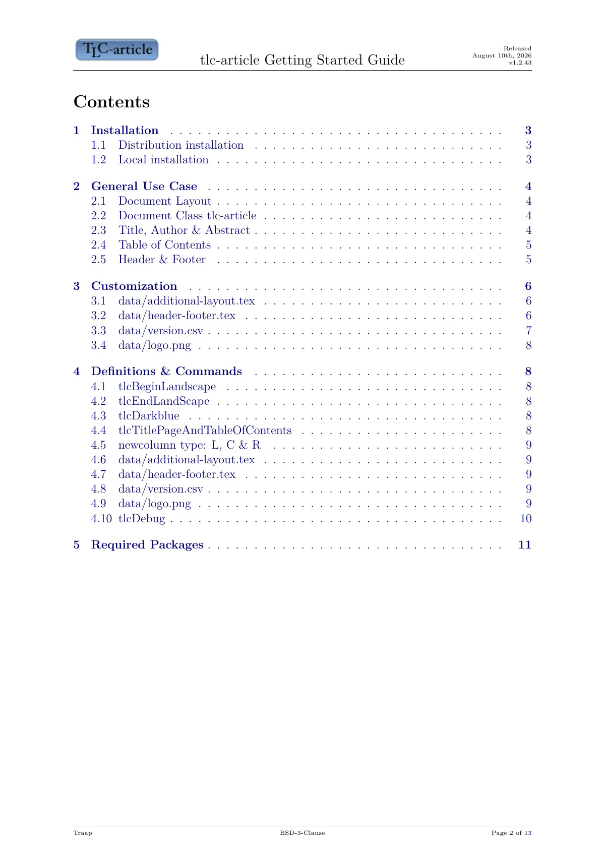 Article class with title page and version metadata LaTeX template, page 2 of 13
