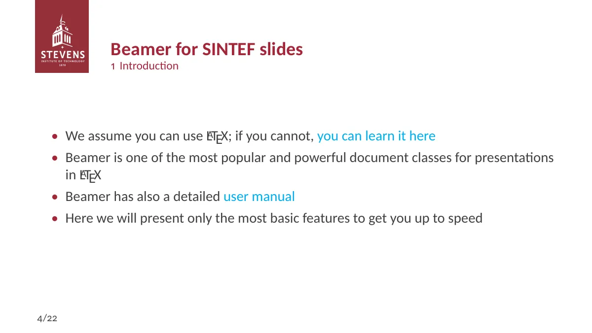 Stevens Institute of Technology Beamer presentation LaTeX template, page 4 of 25