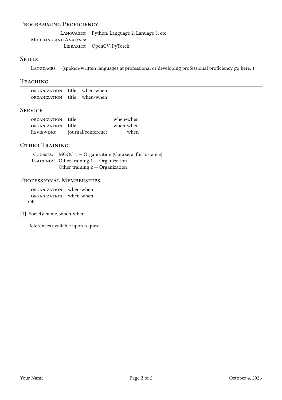 Early-career academic CV for ECE and CS LaTeX template, page 2 of 2
