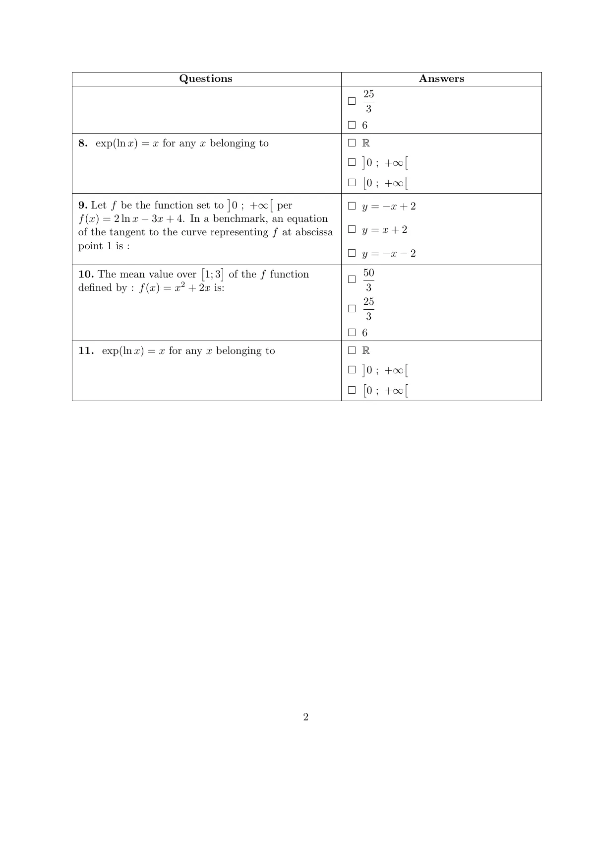 Multiple-choice maths exam, Antilles-Guyane 2006 (alterqcm) LaTeX template, page 2 of 2