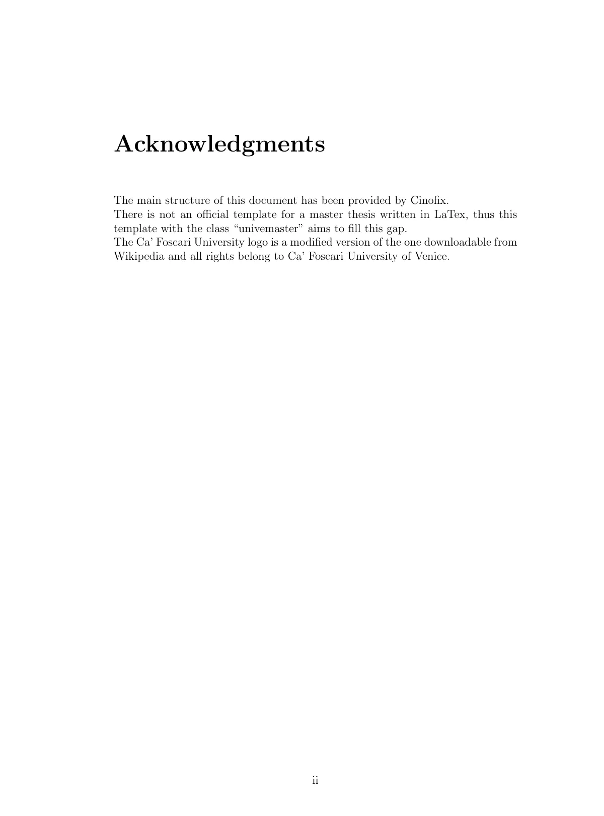 Ca' Foscari University of Venice master's thesis LaTeX template, page 2 of 8