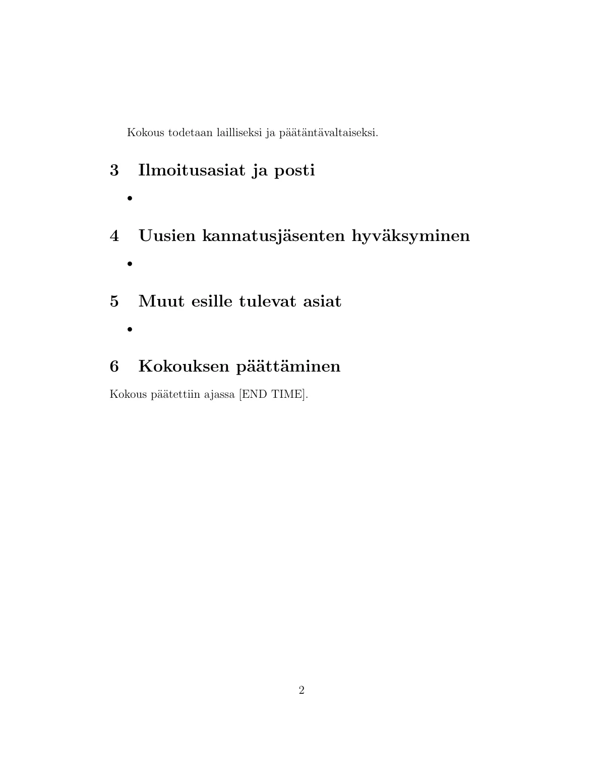Finnish association meeting minutes LaTeX template, page 2 of 2
