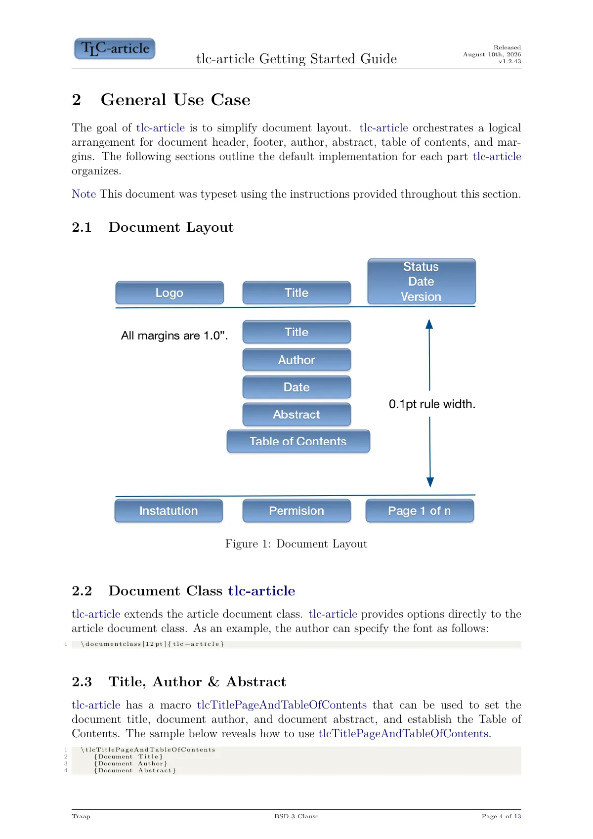 Article class with title page and version metadata LaTeX template, page 4 of 13