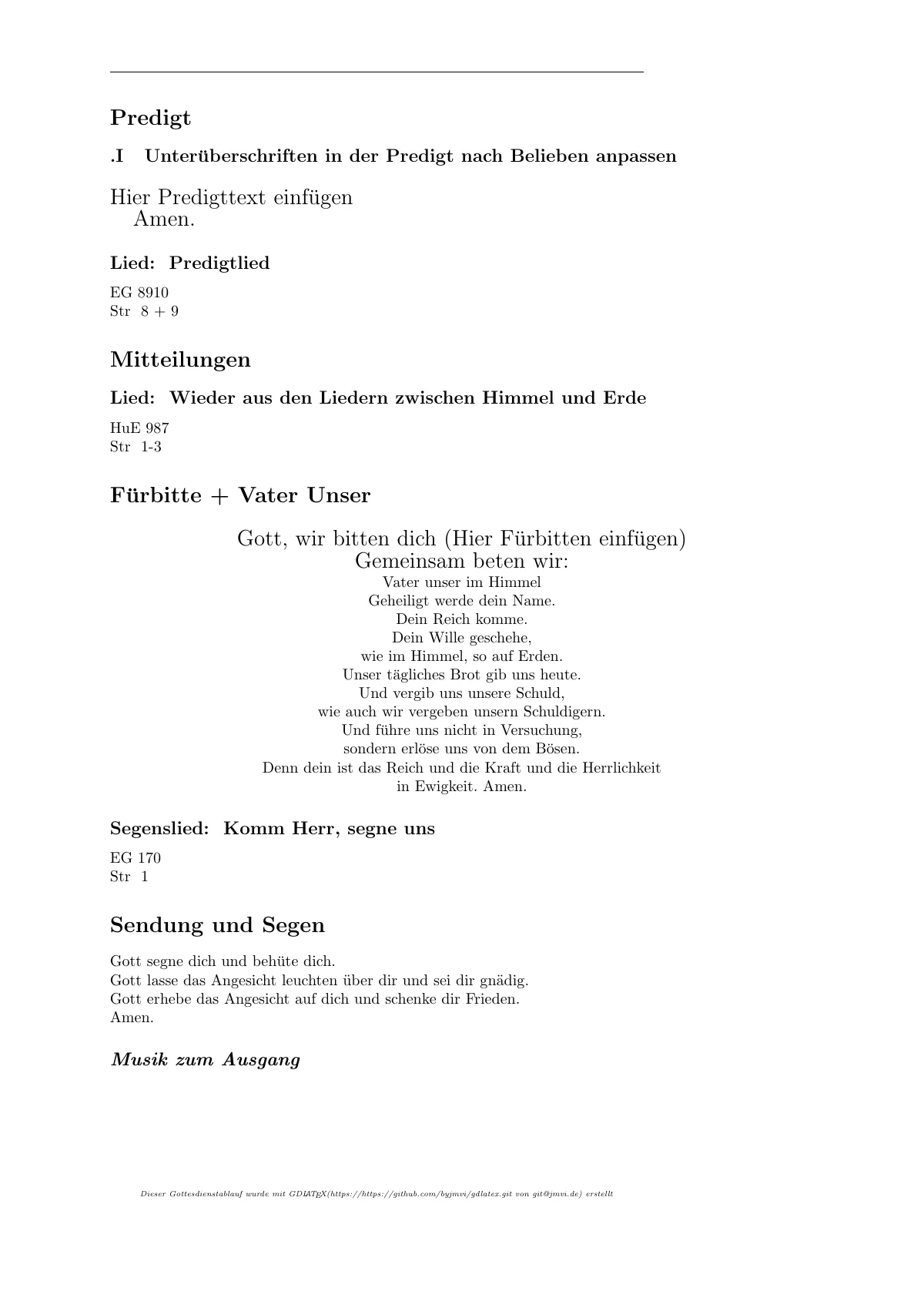 Gottesdienst order of service LaTeX template, page 3 of 3