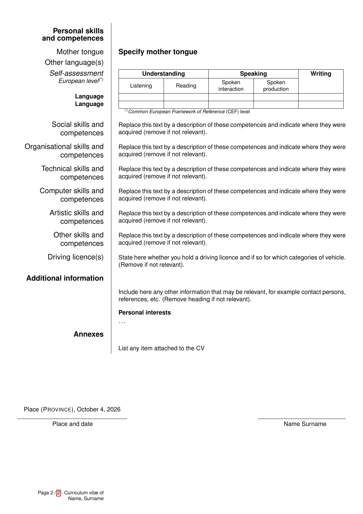 LaTeX-Vorlage Europass CV, englische Vorlage, Seite 2 von 2