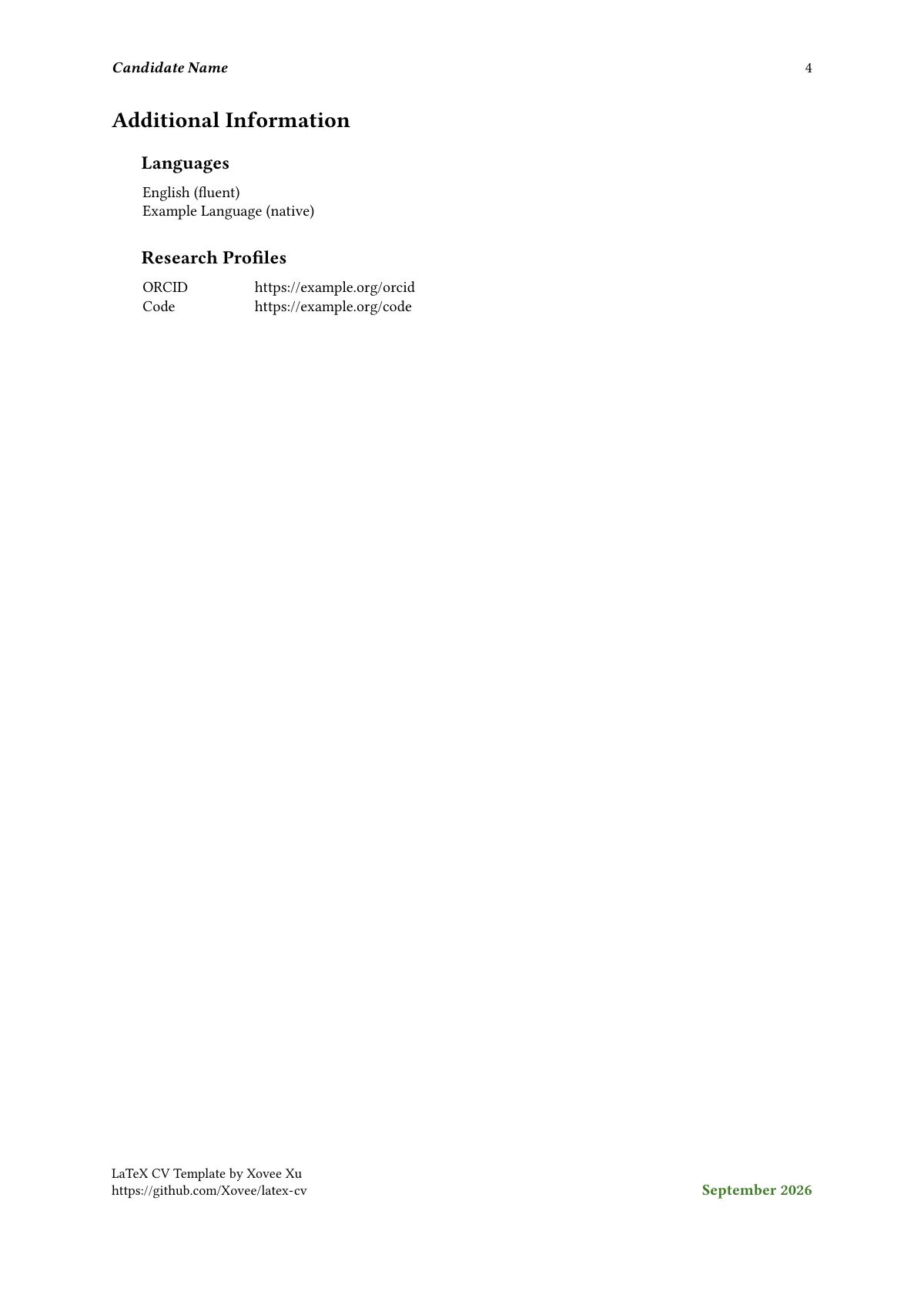 Clean academic CV with separate content file LaTeX template, page 4 of 4