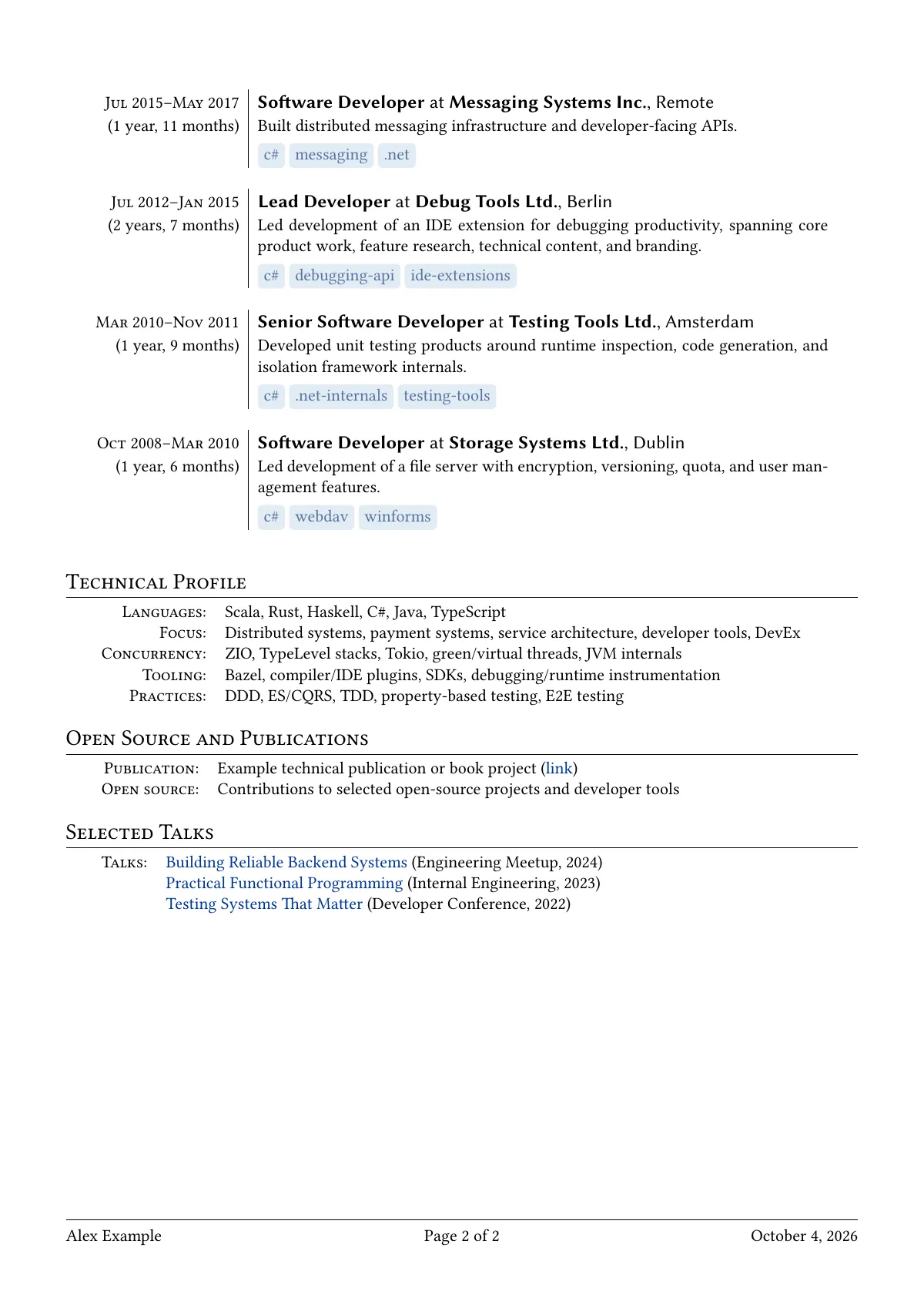 Two-page CV in Libertine with summary section LaTeX template, page 2 of 2