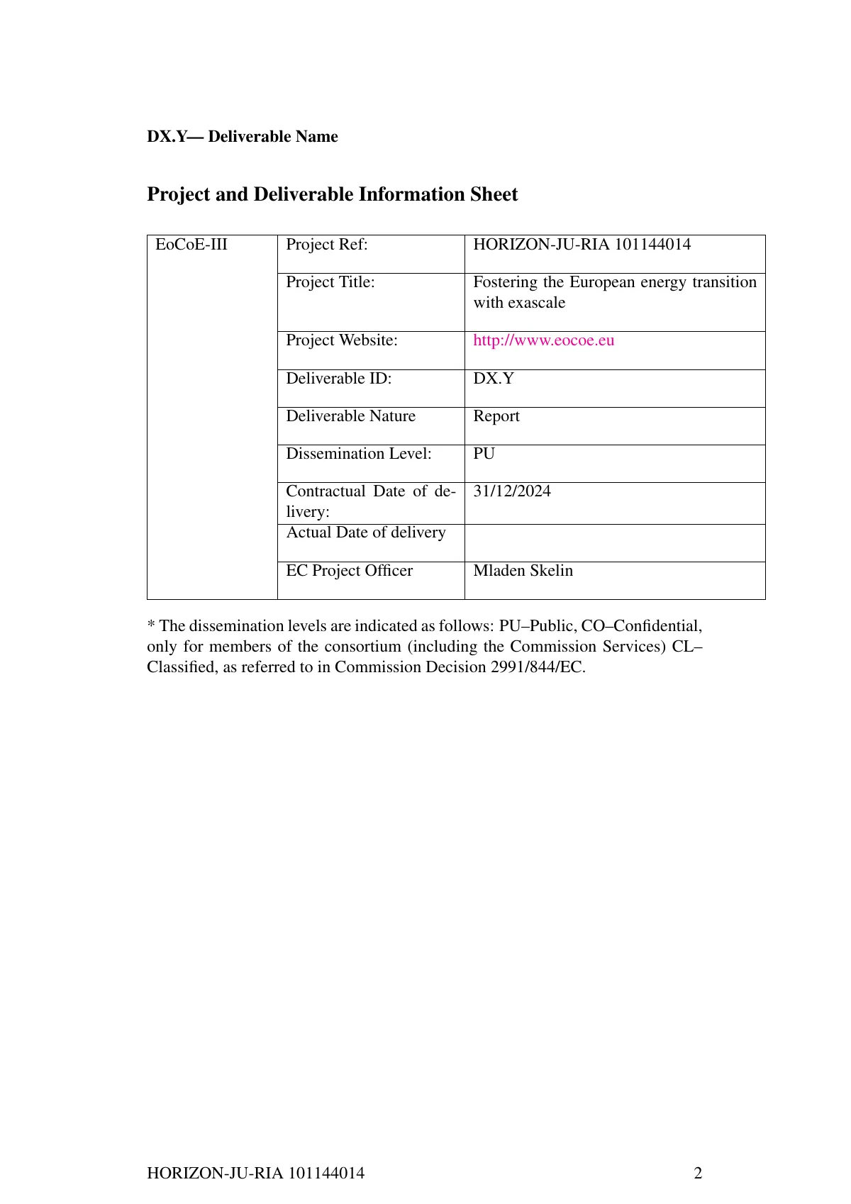 Modèle LaTeX Rapport de livrable EoCoE, page 2 sur 19