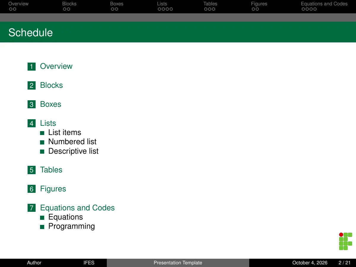 Ifes Beamer presentation, Brazil LaTeX template, page 2 of 21