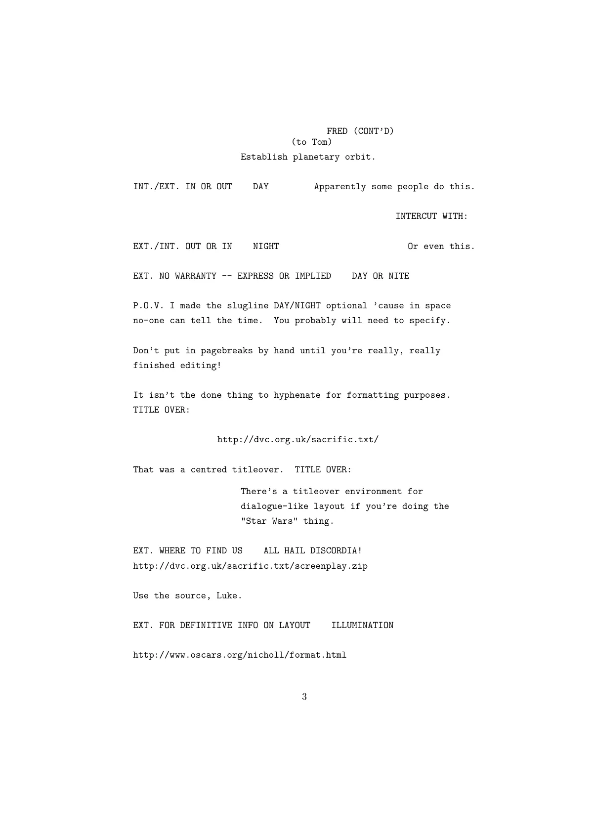 Screenplay fragments inside an article LaTeX template, page 3 of 4