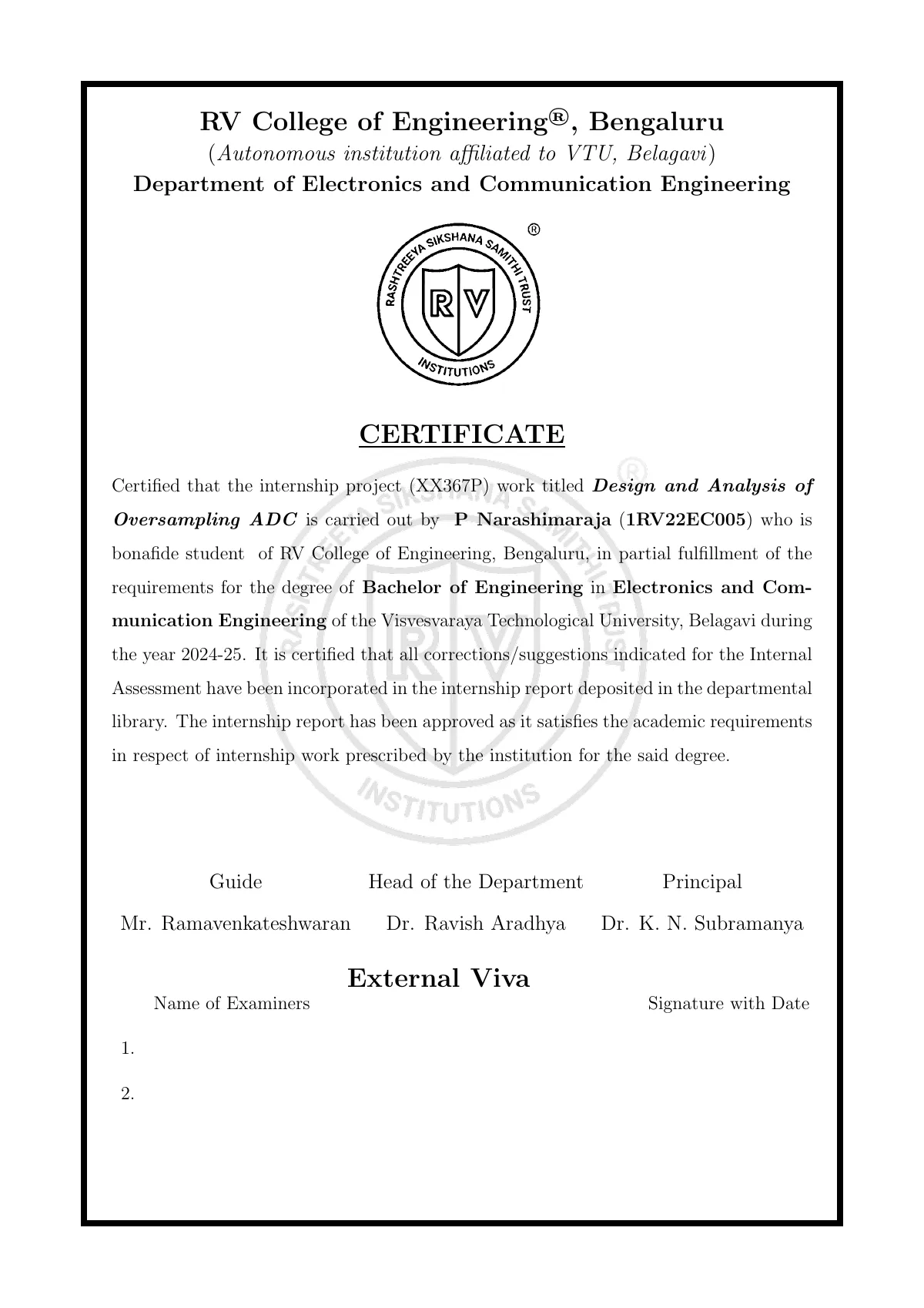 RV College of Engineering project report LaTeX template, page 2 of 22