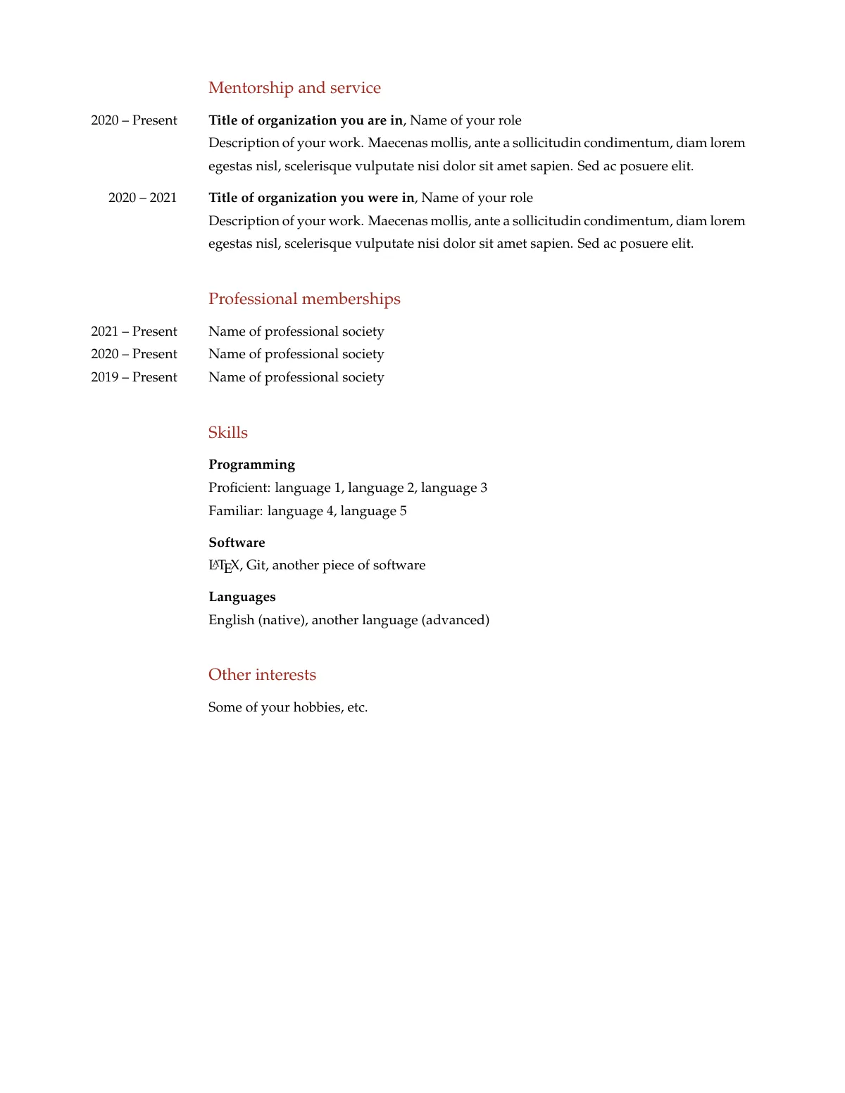 Academic CV with margin dates and research interests LaTeX template, page 3 of 3