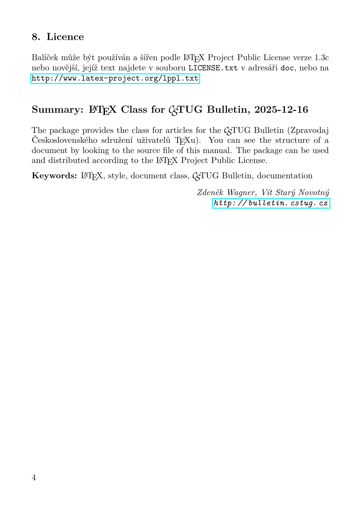 CSTUG Bulletin article class manual (Czech) LaTeX template, page 4 of 4