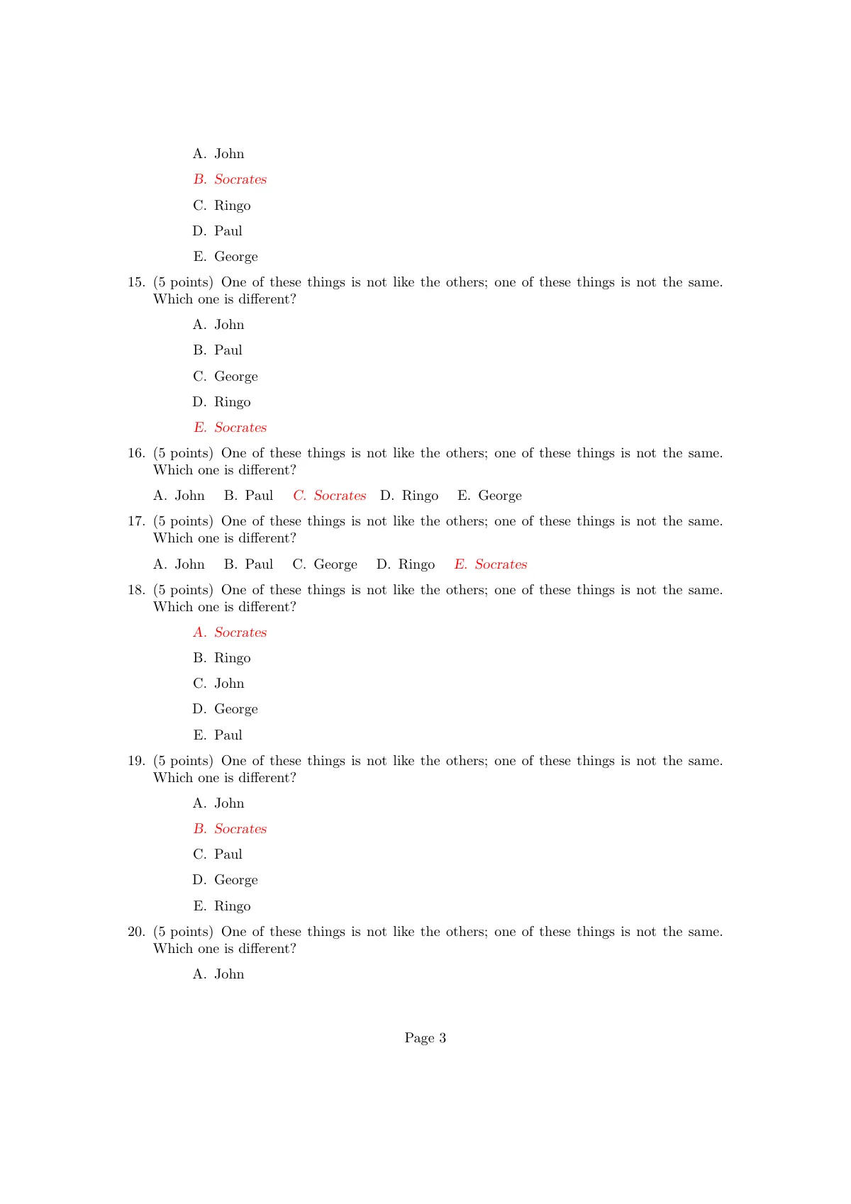Exam with randomised multiple-choice answers LaTeX template, page 3 of 10
