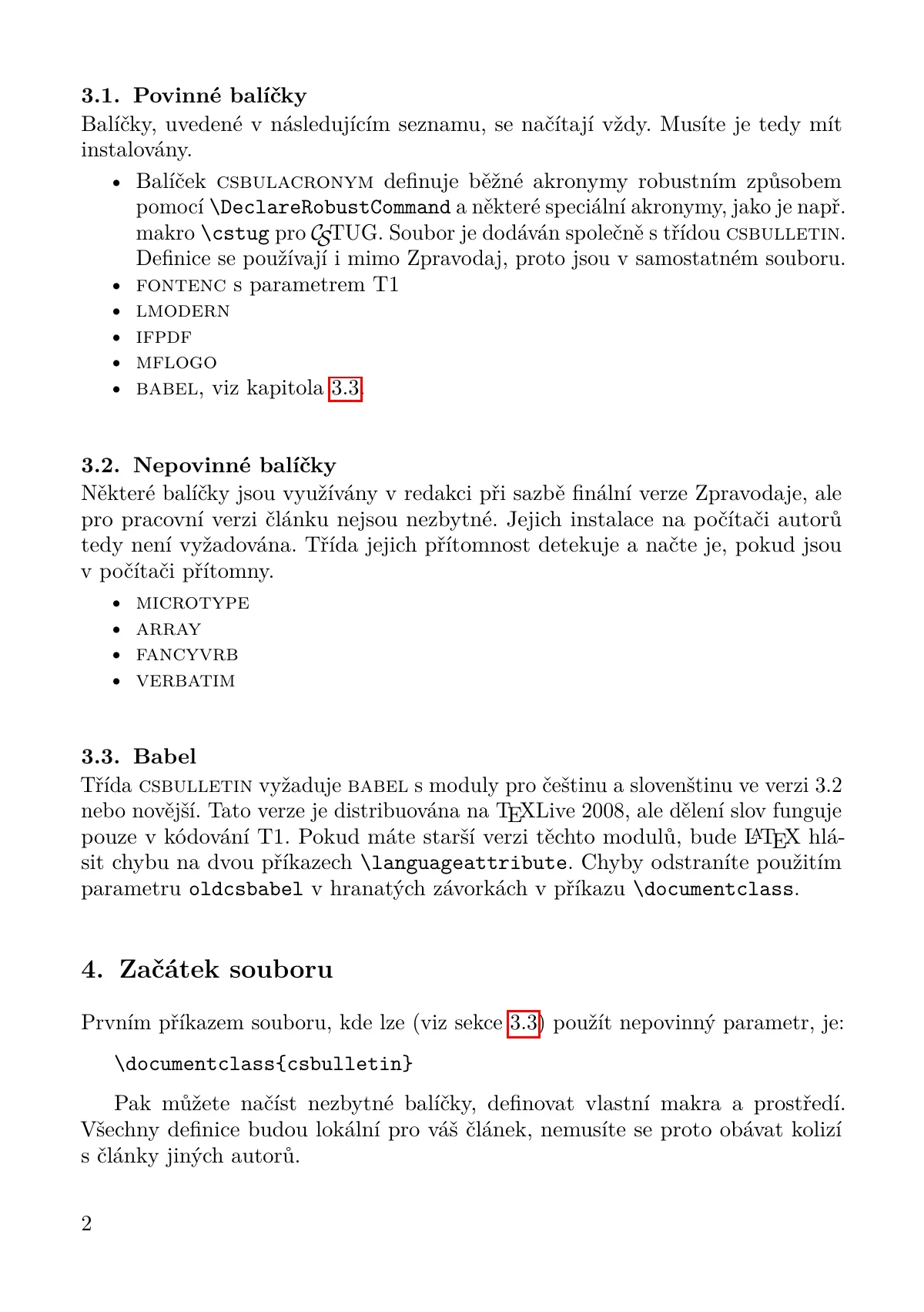 CSTUG Bulletin article class manual (Czech) LaTeX template, page 2 of 4