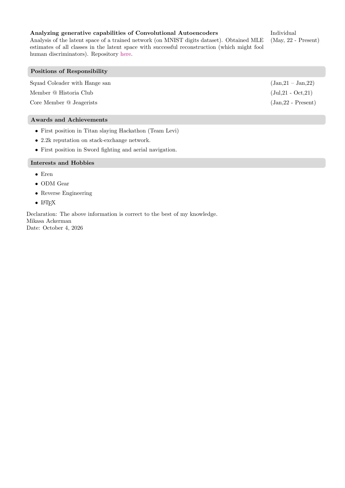 IIIT Delhi student résumé with photo and roll number LaTeX template, page 2 of 2