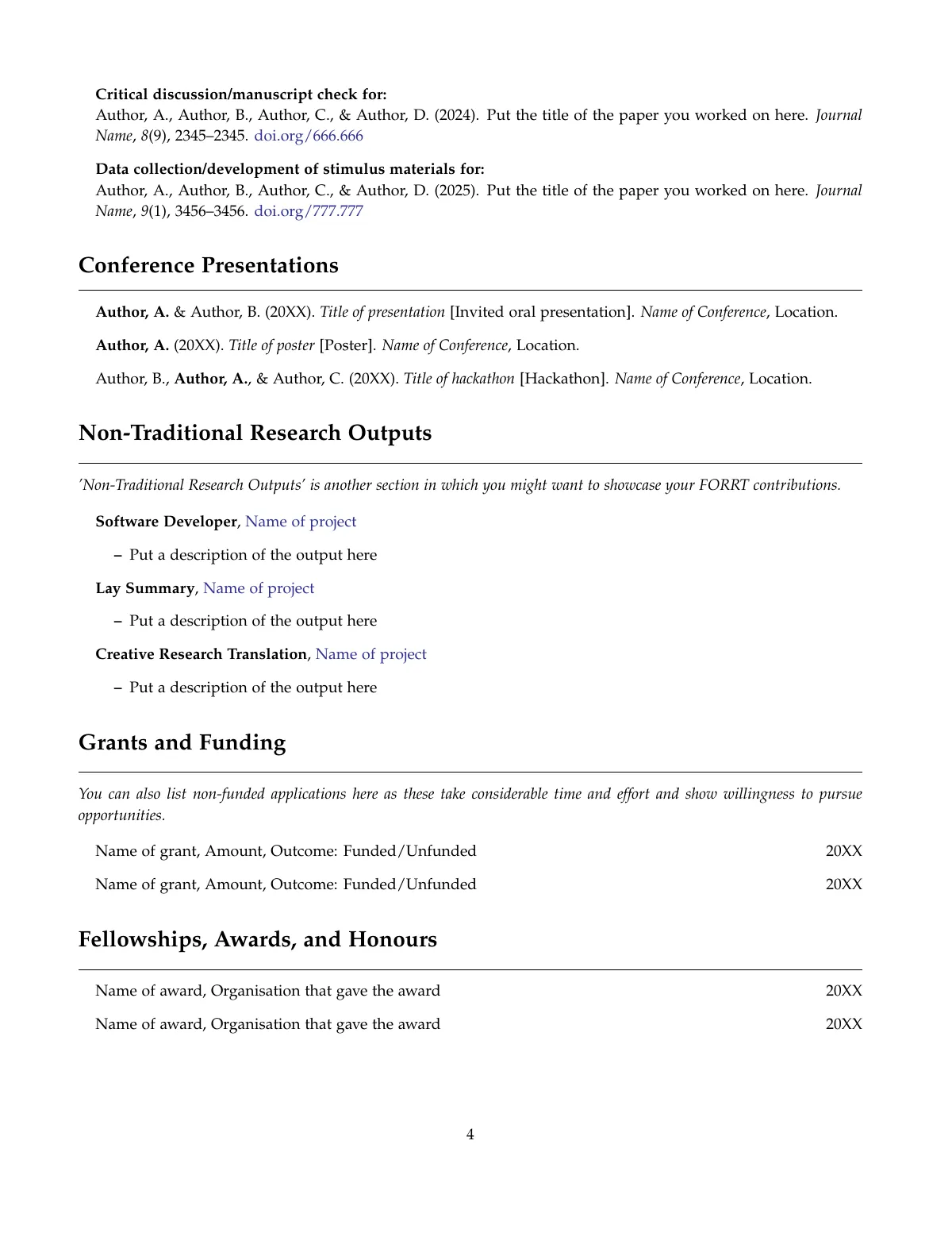 Academic CV with open science badges LaTeX template, page 4 of 5