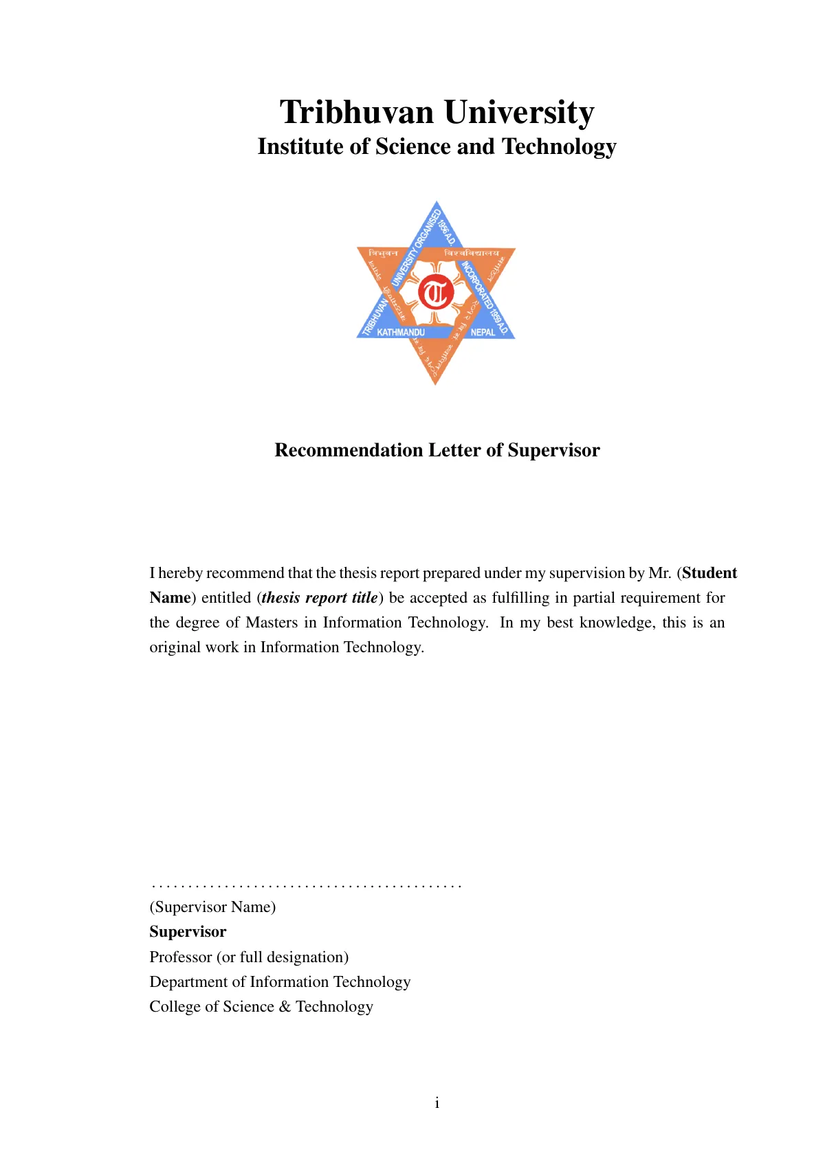 LaTeX-mallen Examensrapport, Tribhuvan University, sida 2 av 31