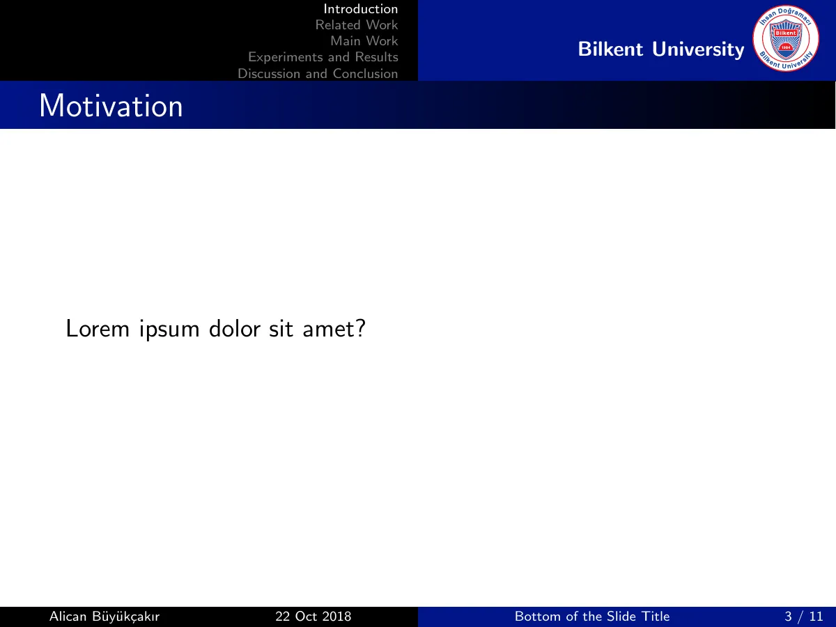 Plantilla de LaTeX Presentación de Beamer para la Bilkent University, página 3 de 11