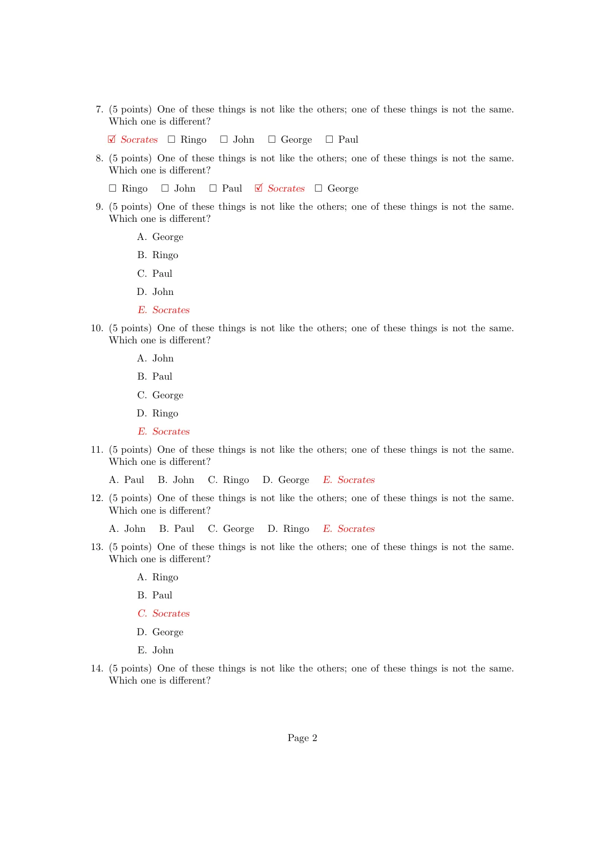 Exam with randomised multiple-choice answers LaTeX template, page 2 of 10