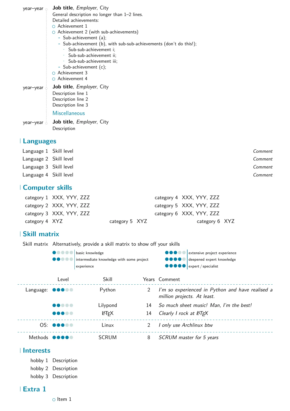 Modern CV and résumé, classic and casual styles LaTeX template, page 2 of 4