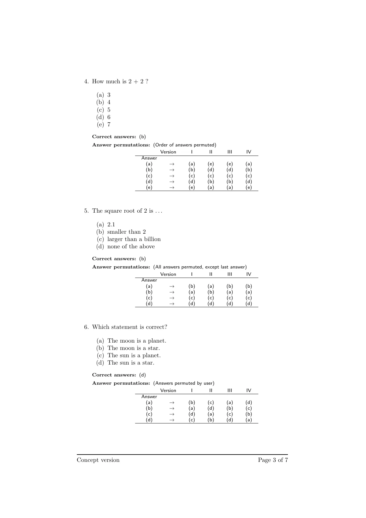 Multiple-choice exam with random order (mcexam) LaTeX template, page 3 of 7
