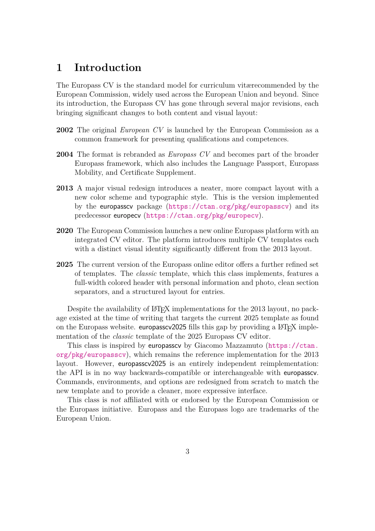 Plantilla de LaTeX Guía de la clase Europass CV 2025, página 3 de 12