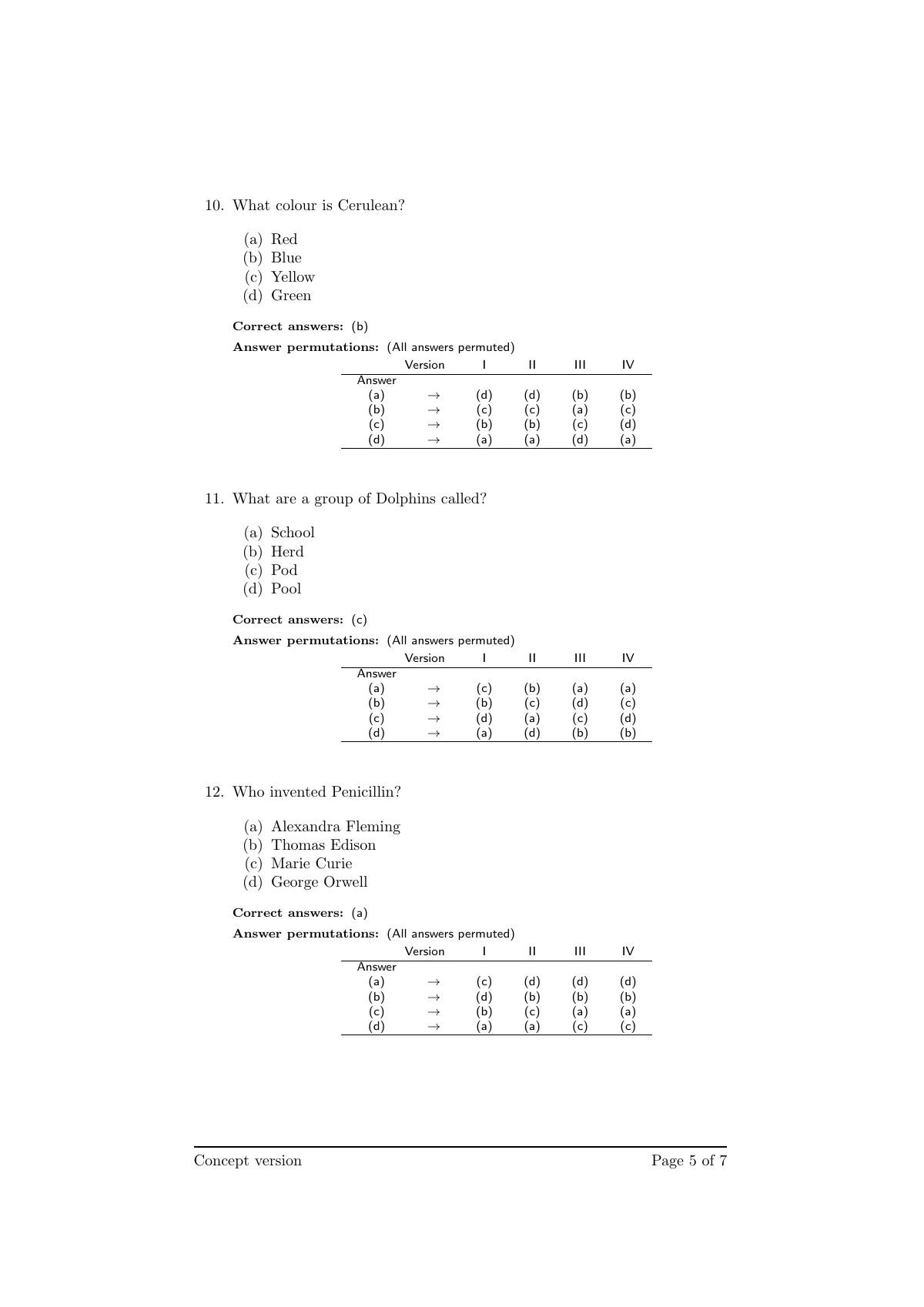 Multiple-choice exam with random order (mcexam) LaTeX template, page 5 of 7