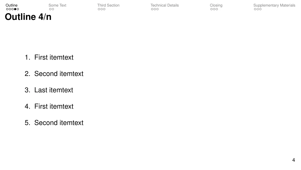 Minimal Beamer presentation with progress dots LaTeX template, page 5 of 20
