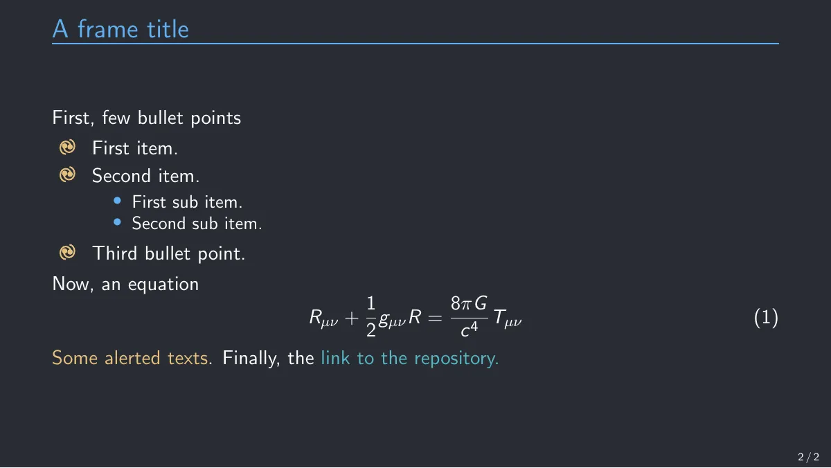 One Dark Beamer theme LaTeX template, page 2 of 2