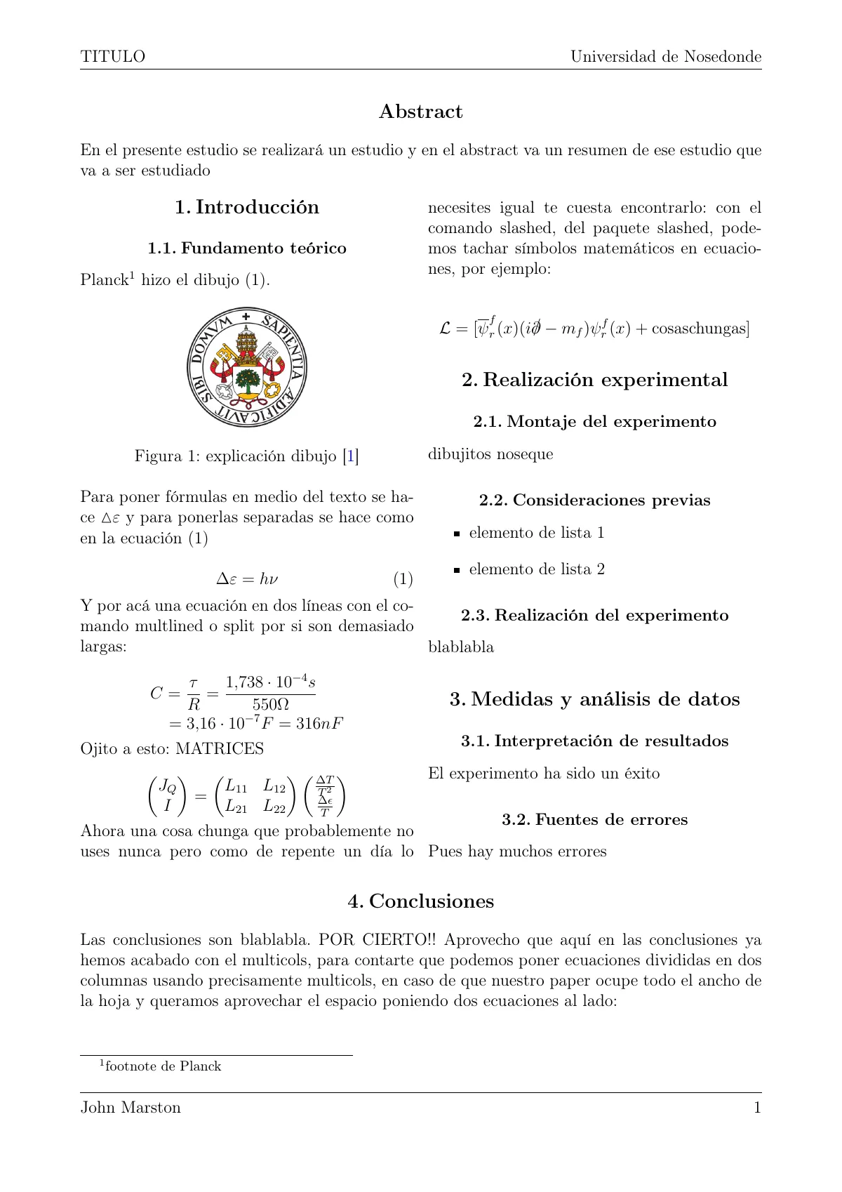 Spanish lab report with LaTeX command guide LaTeX template, page 3 of 5