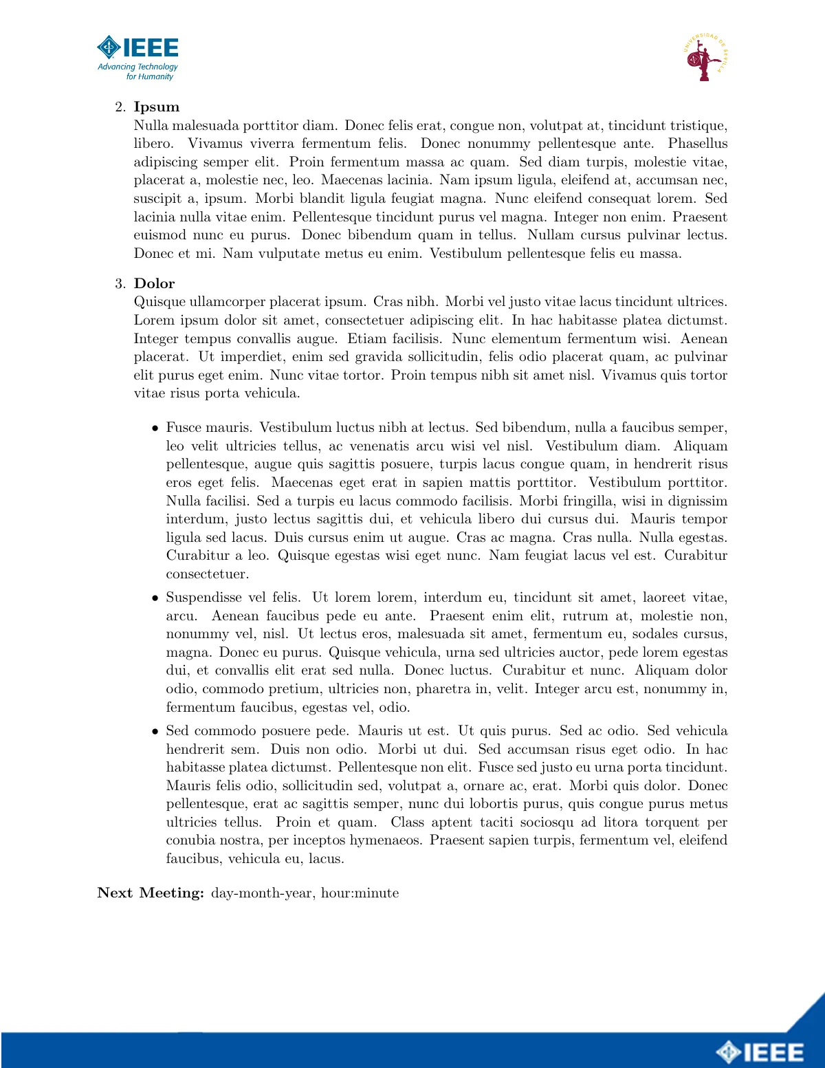Meeting minutes for IEEE student branch LaTeX template, page 2 of 2