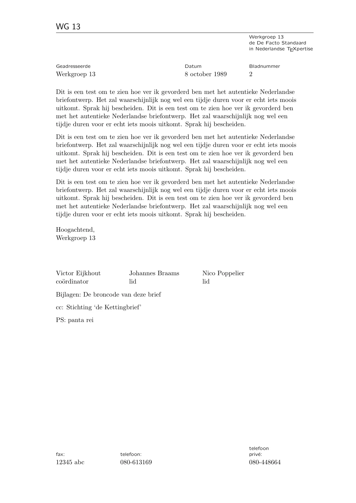 LaTeX-Vorlage Niederländischer Geschäftsbrief, NTG brief-Klasse, Seite 2 von 4