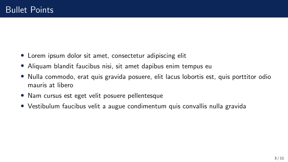 Modèle LaTeX Modèle Beamer bleu foncé simple, page 3 sur 11