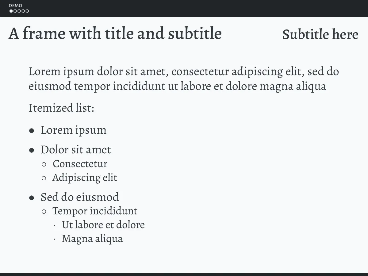 Modèle LaTeX Thème Beamer typographique simple Argüelles, page 2 sur 7