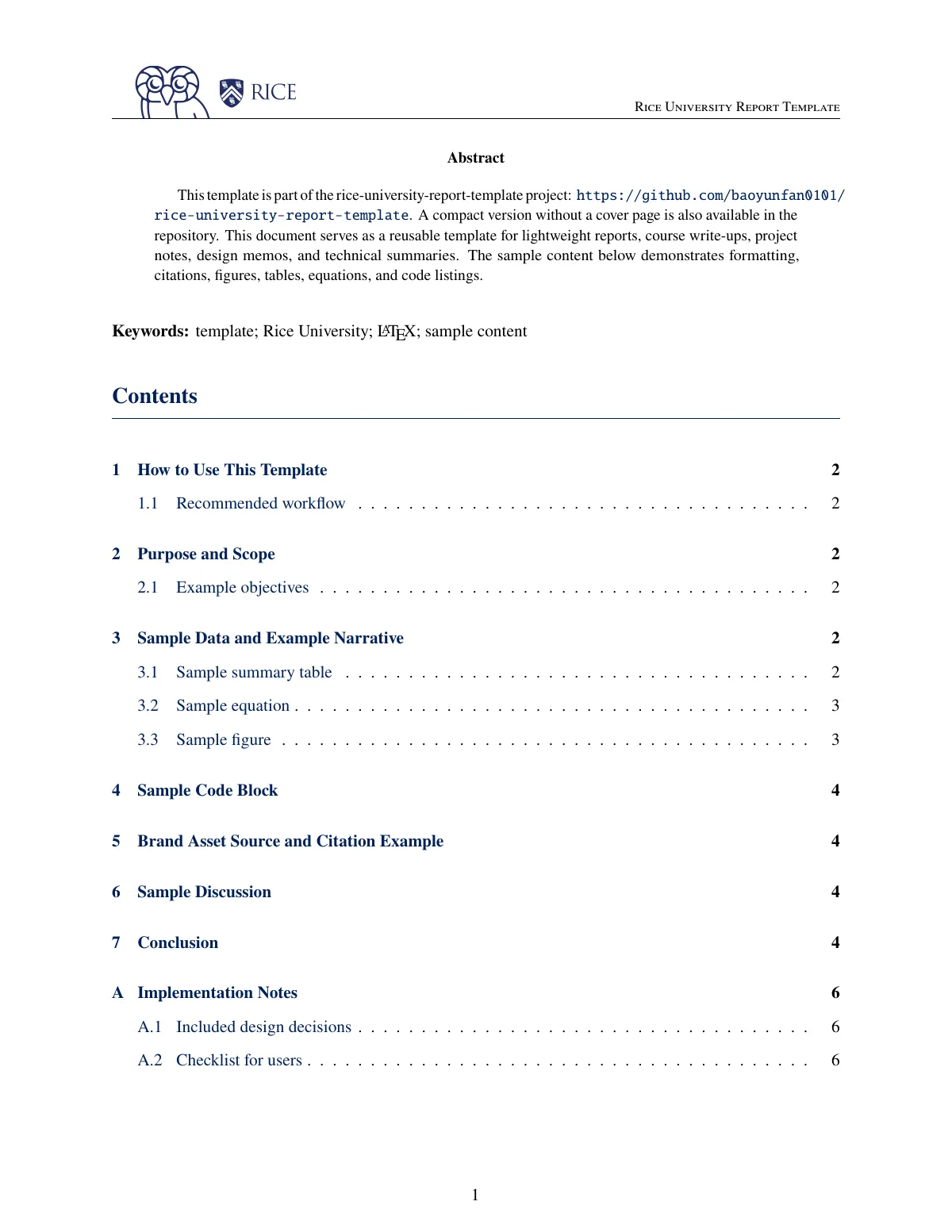 Rice University course report with cover page LaTeX template, page 2 of 7