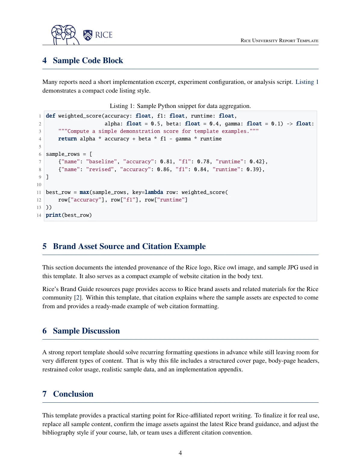 Rice University course report with cover page LaTeX template, page 5 of 7