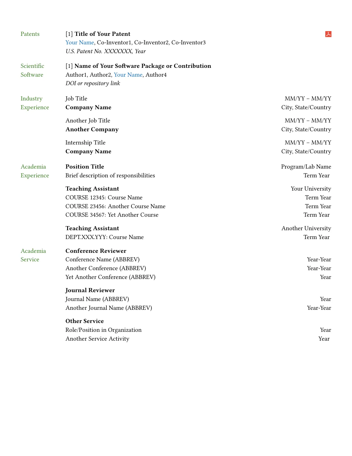 Two-column academic CV with modular sections LaTeX template, page 2 of 2